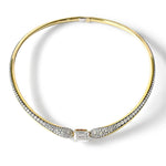 Yellow gold Ravello torque with pavé diamonds and a removable emerald-cut diamond, front view

