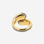 Back view of the Chantel Shafie Ravello bypass ring in polished yellow gold with pave diamonds set in blackened gold