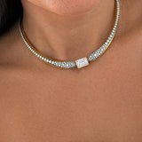 Model wearing the Ravello torque collar at the neck